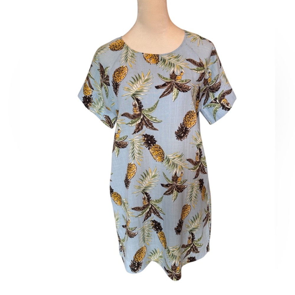 ELLISON Linen Look Sheath Dress Blue Tropical Print Side Pockets Size Small EUC